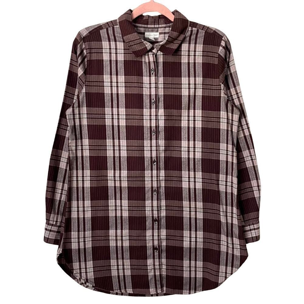 Garnet Hill Shirt Womens 8 Purple Flannel Organic‎ Pima Cotton Plaid Lightweight
